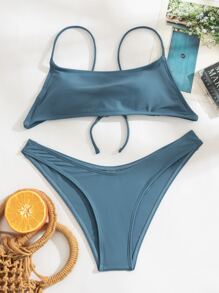 Plain High Cut Bikini Set For Summer Beach Vacation - Dusty Blue - View 1