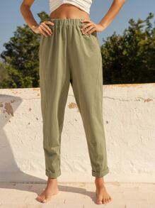 SHEIN 素色彈性腰身褲子 - 軍綠色 - 查看 1