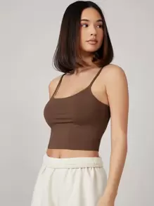 SHEIN BASICS Áo hai dây màu trơn Giải trí - Cà phê nâu - Xem 4