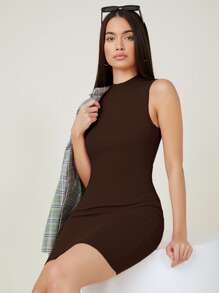 SHEIN BASICS Vestido ajustado algodón cuello alto - Marrón Chocolate - Ver 1