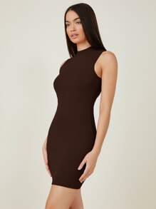 SHEIN BASICS Vestido ajustado algodón cuello alto - Marrón Chocolate - Ver 3