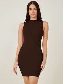 SHEIN BASICS Vestido ajustado algodón cuello alto - Marrón Chocolate - Ver 4
