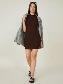 SHEIN BASICS Vestido ajustado algodón cuello alto - Marrón Chocolate - Ver 5