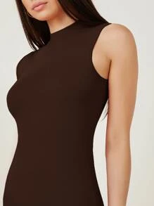 SHEIN BASICS Vestido ajustado algodón cuello alto - Marrón Chocolate - Ver 6
