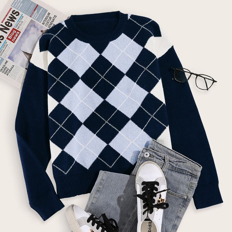

Argyle Pattern Drop Shoulder Sweater, Multicolor