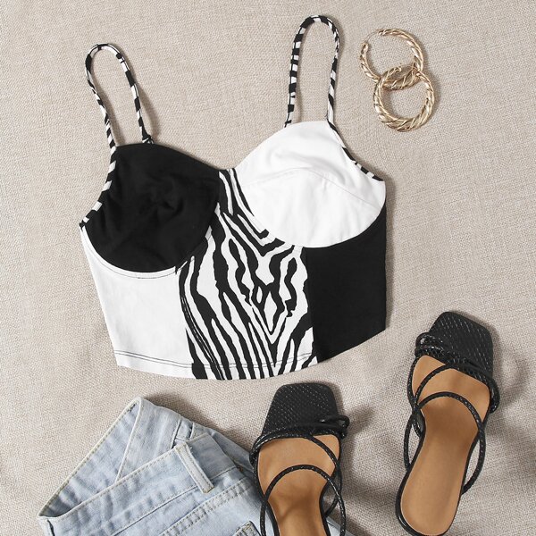 

Zebra Print Colorblock Cami Top, Black and white