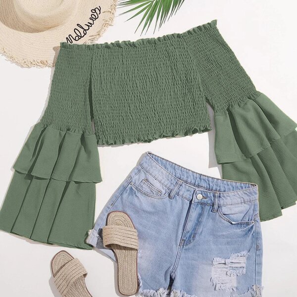 

Plus Layered Sleeve Shirred Off Shoulder Top, Mint green