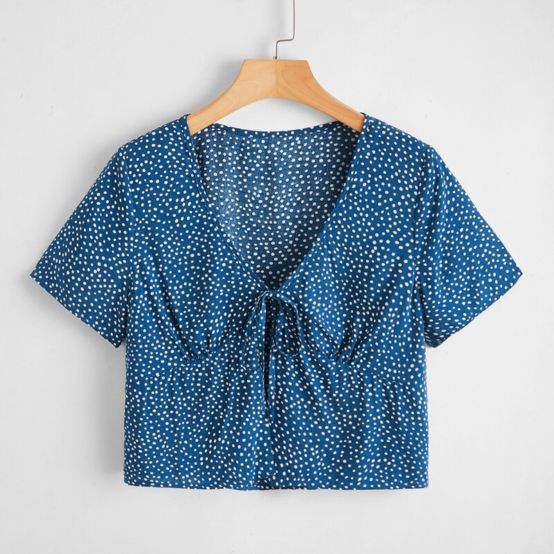 

Tie Front Polka Dot Crop Top, Blue