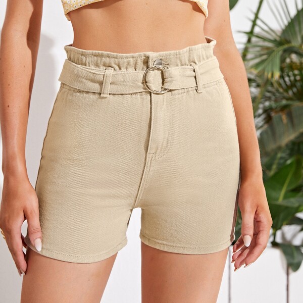 

Paperbag Waist Buckle Belted Denim Shorts, Khaki