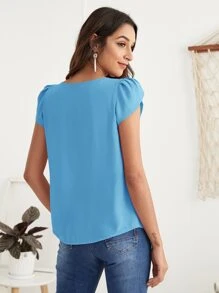 SHEIN Clasi Petal Sleeve Fold Pleated Top - Blue - View 2