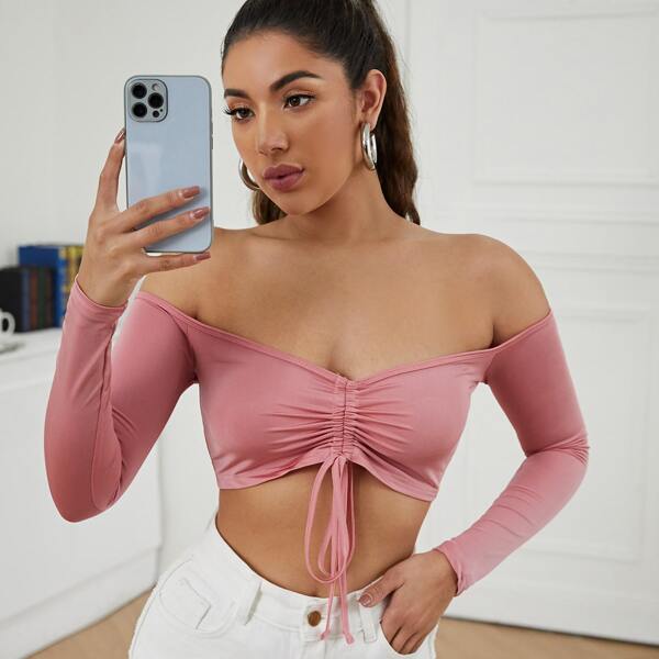 

Drawstring Crop Bardot Top, Dusty pink