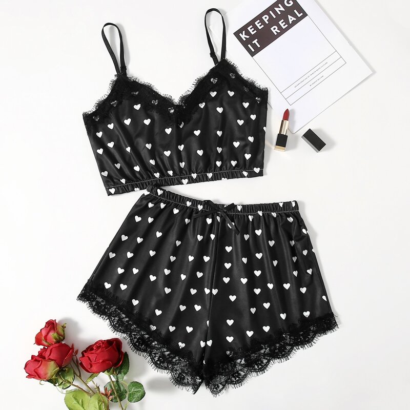 

Lace Panel Heart Print Satin Cami Pajama Set, Black
