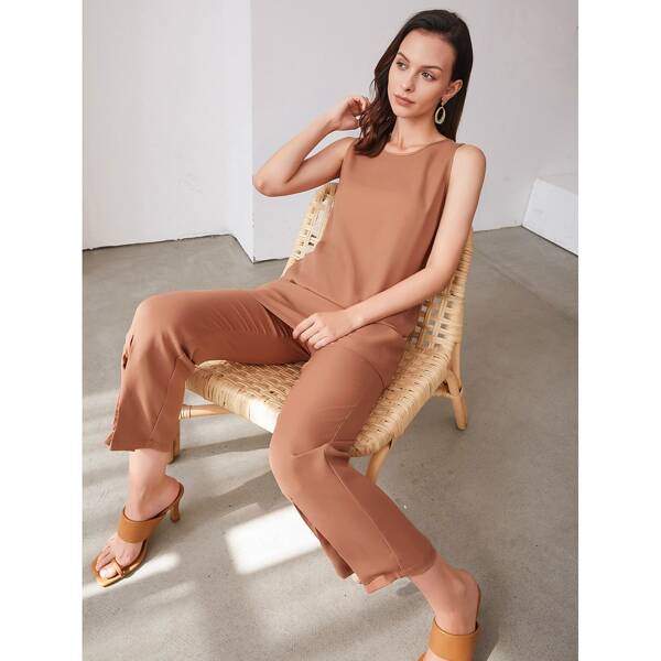 

Solid Tunic Top With Split Pants, Apricot