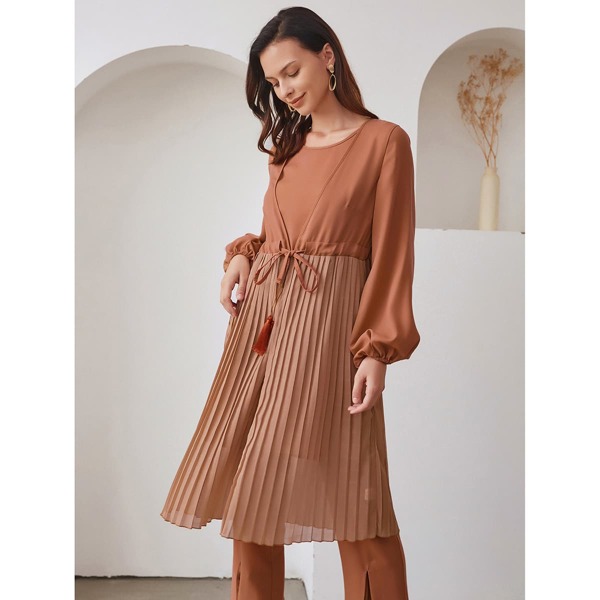 

1pc Drawstring Waist Pleated Hem Coat, Rust brown