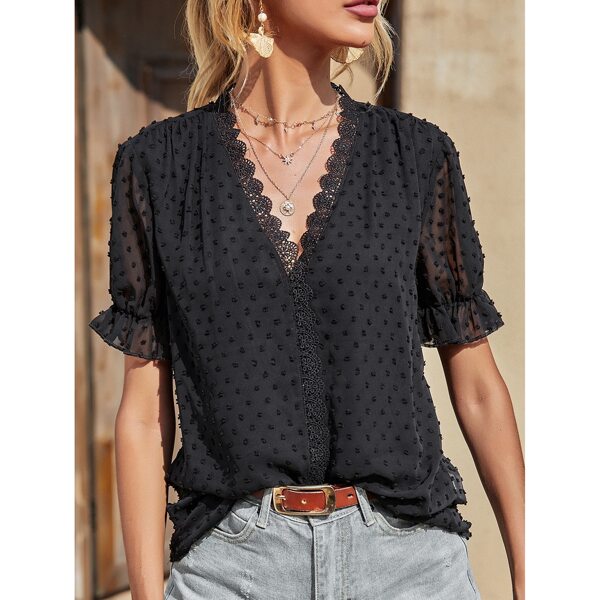 

Mesh Swiss Dot Lace Trimed Blouse, Black