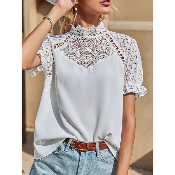 

Lace Insert Raglan Sleeve Blouse, White