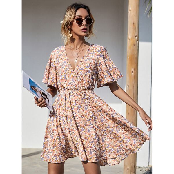 

Allover Floral Print Wrap A-line Dress, Multicolor