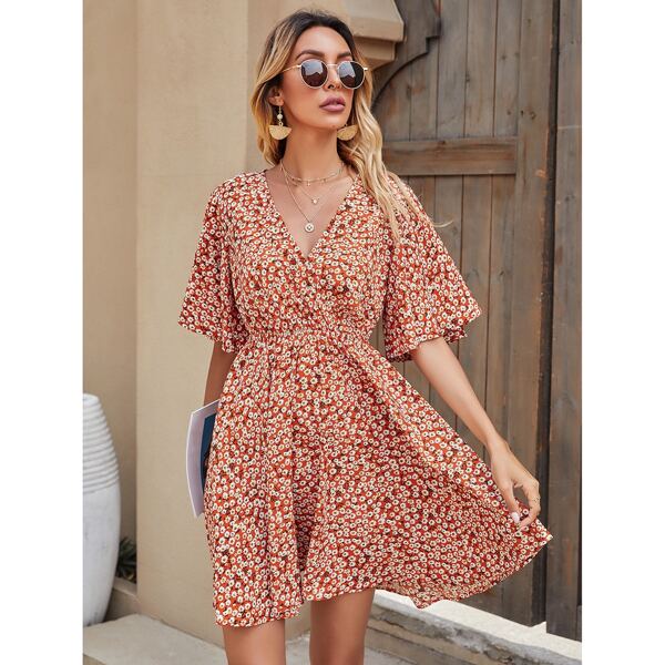 

Ditsy Floral Wrap Butterfly Sleeve A-line Dress, Multicolor