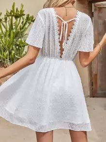 SHEIN Unity Tie Back Lace Panel Swiss Dot Dress - White - View 1