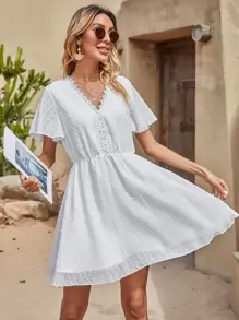 SHEIN Unity Tie Back Lace Panel Swiss Dot Dress - White - View 2