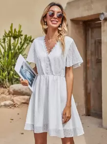 SHEIN Unity Tie Back Lace Panel Swiss Dot Dress - White - View 3