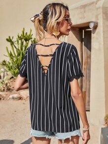 SHEIN VCAY Camisa ribete con encaje de espalda con abertura de rayas - Negro - Ver 4