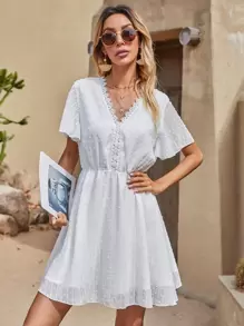 SHEIN Unity Tie Back Lace Panel Swiss Dot Dress - White - View 6