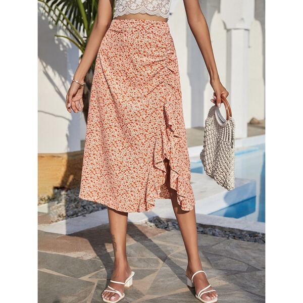 

Ditsy Floral Ruched Ruffle Asymmetrical Skirt, Multicolor