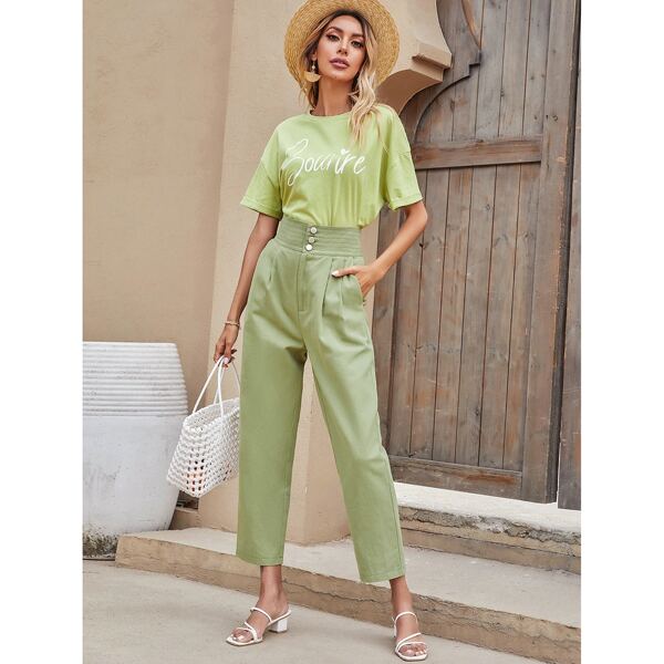 

Button Waist Straight Leg Pants, Mint green