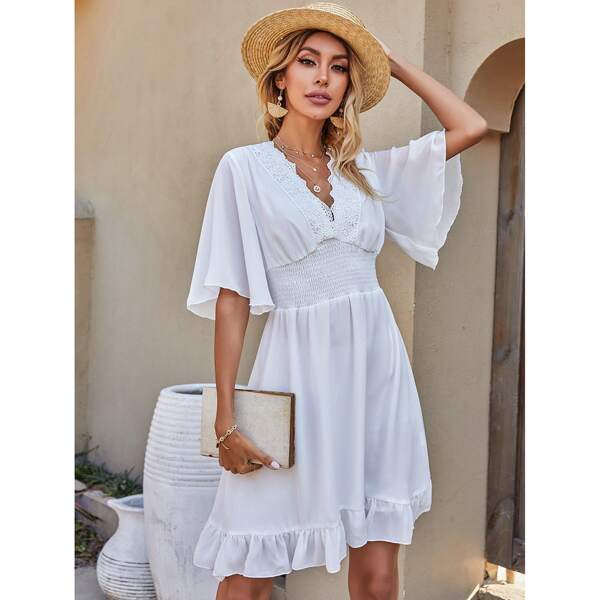 

Contrast Lace Ruffle Hem Shirred Dress, White