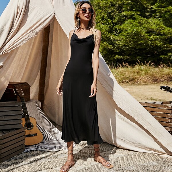 

Lace Up Backless Draped Cami Dress, Black
