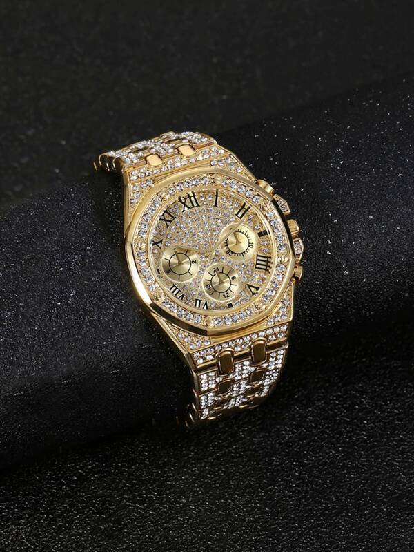 Men Triple Dial Rhinestone Decor Quartz Watch