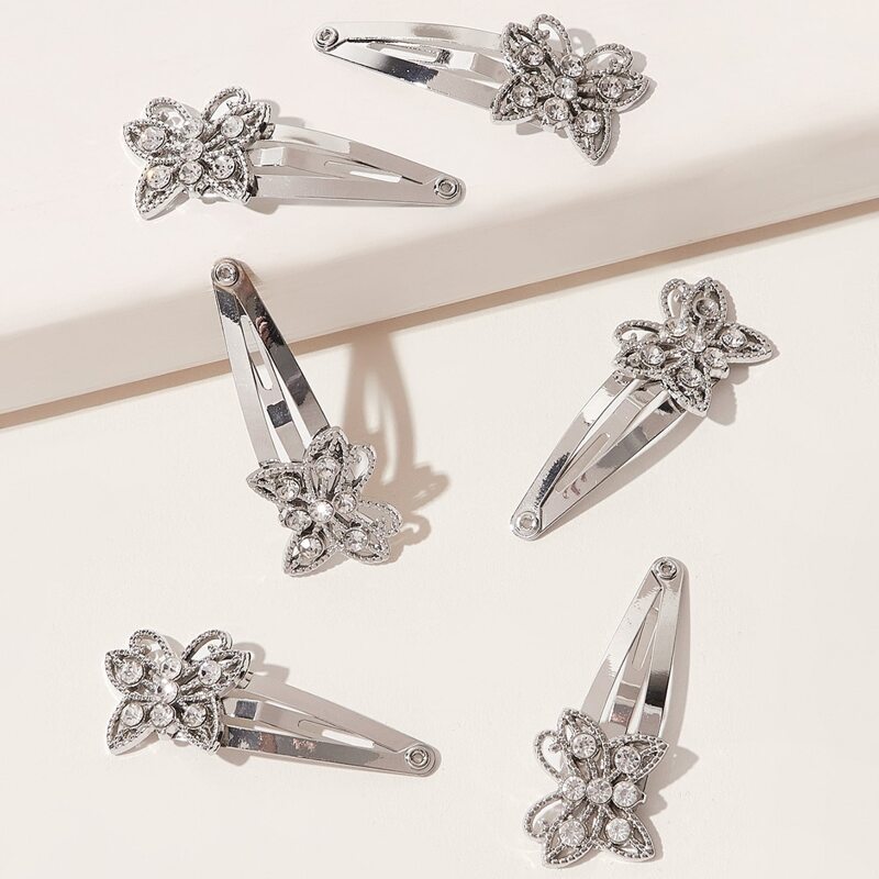 

6pcs Rhinestone Butterfly Hair Clip, Silver