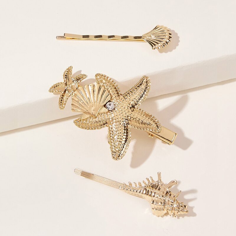 

3pcs Shell Shaped Hair Clip, Gold