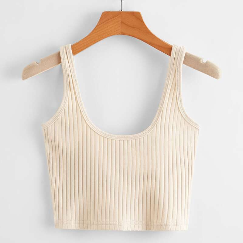 

Solid Ribbed Crop Tank Top, Beige