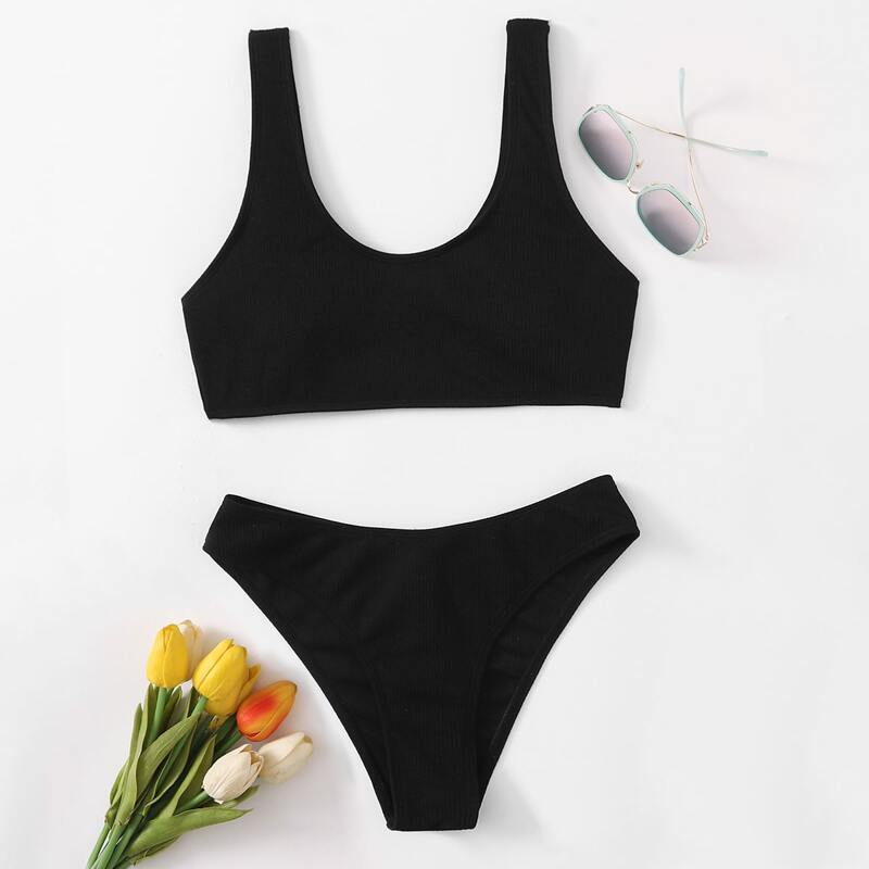 

Plain Scoop Neck Bikini Swimsuit, Black