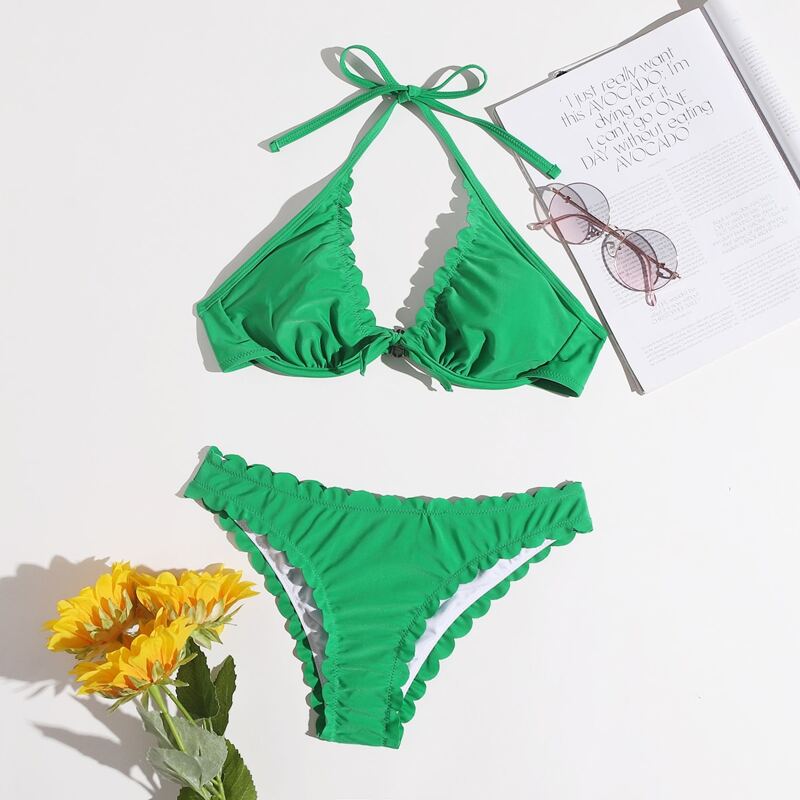 

Scallop Trim Underwire Bikini Swimsuit, Green