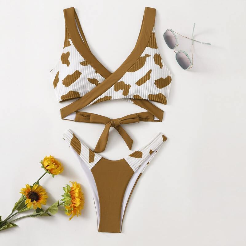 

Cow Print Wrap Bikini Swimsuit, Multicolor