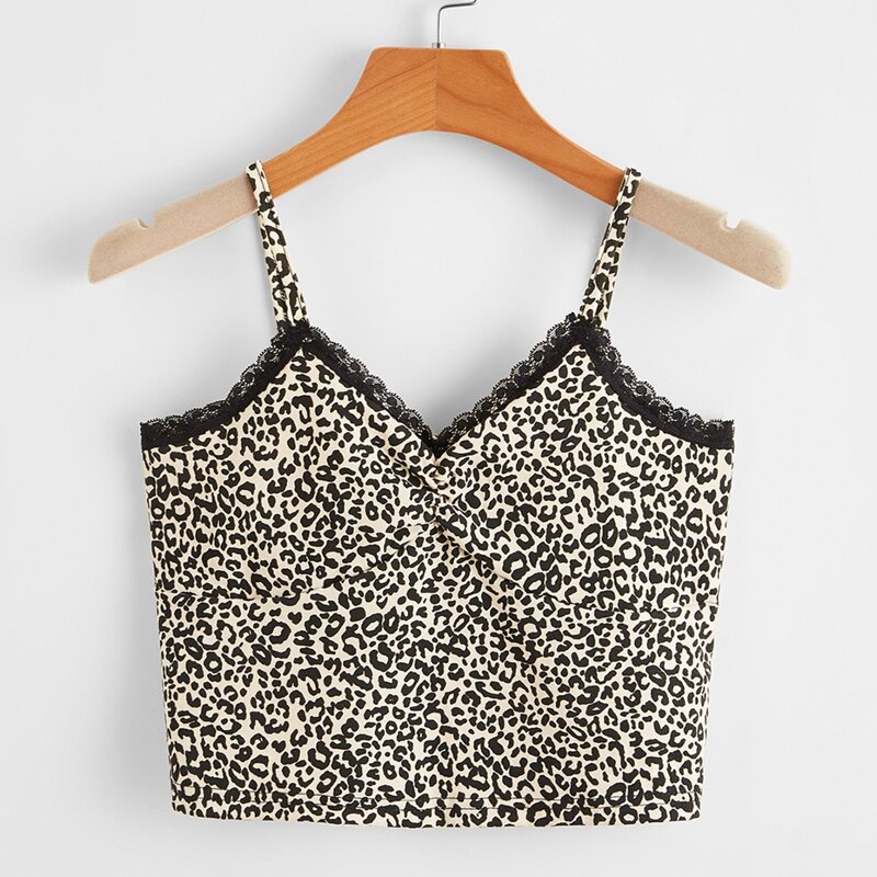 

Lace Trim Leopard Ruched Crop Cami, Multicolor