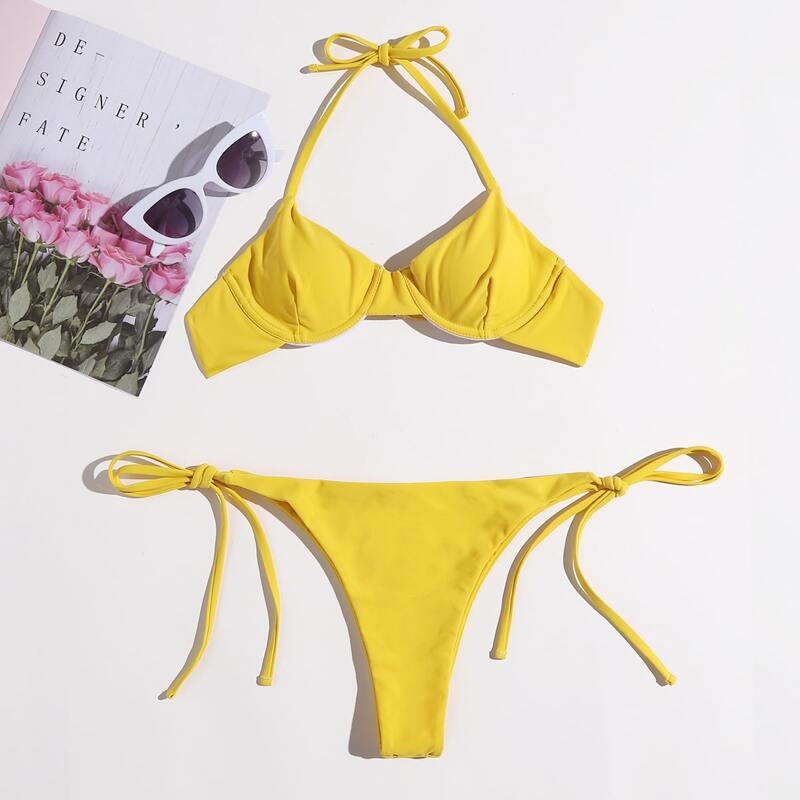 

Solid Underwire Halter Bikini Swimsuit, Yellow