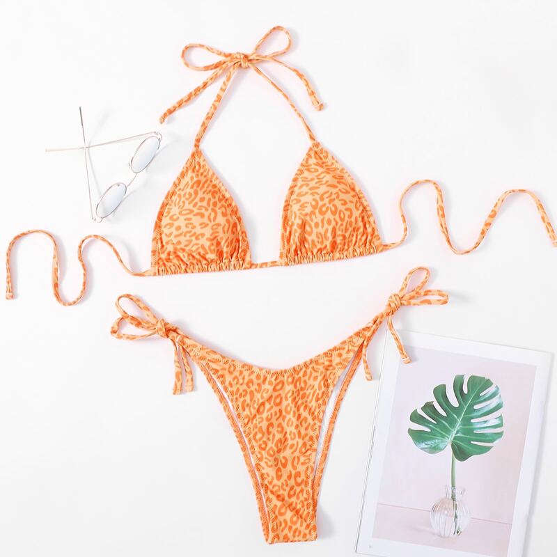 

Leopard Tie Side Thong Bikini Swimsuit, Orange