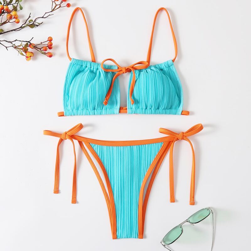 

Contrast Binding Tie Side Bikini Swimsuit, Blue