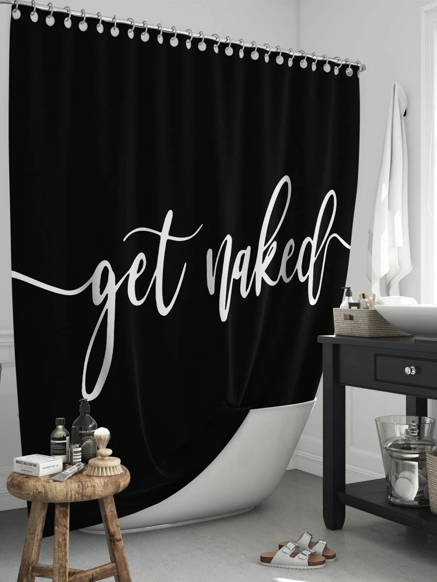 标语图案浴帘，简约防水浴室窗帘，适合家居装饰家居浴室装饰夏季 - 黑與白 - 查看 1