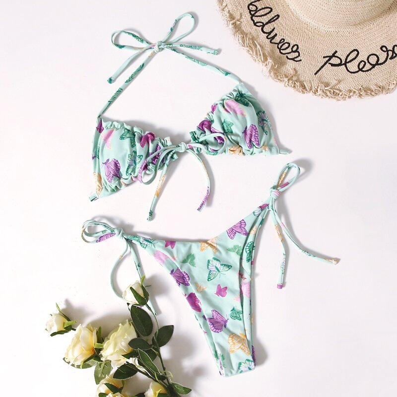 

Butterfly Print Drawstring Bikini Swimsuit, Mint green