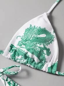 中国龙印花三角比基尼套装，适合夏季海滩度假 - 綠色 - 查看 4