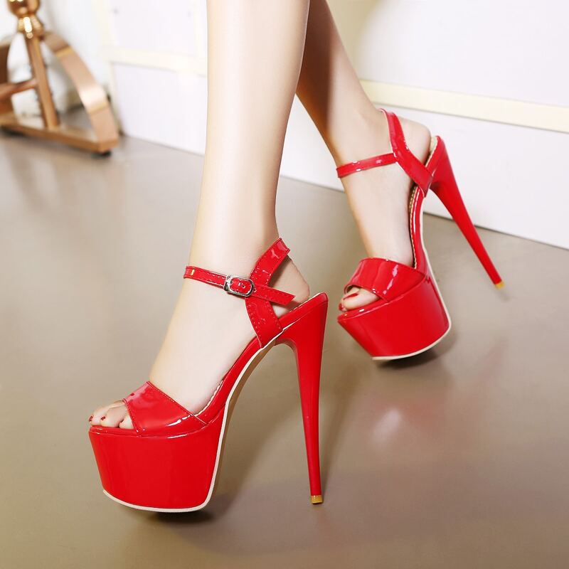

Stiletto Heeled Platform Ankle Strap Sandals, Red