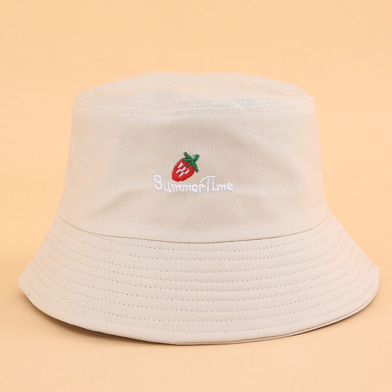 

Strawberry Embroidery Bucket Hat, Beige