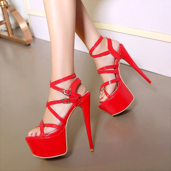 

Stiletto Heeled Platform Strappy Sandals, Red