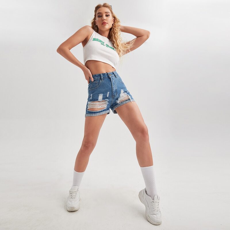 

High Waist Ripped Denim Shorts, Medium wash
