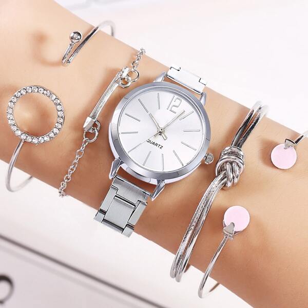 

1pc Round Pointer Quartz Watch & 4pcs Bracelet